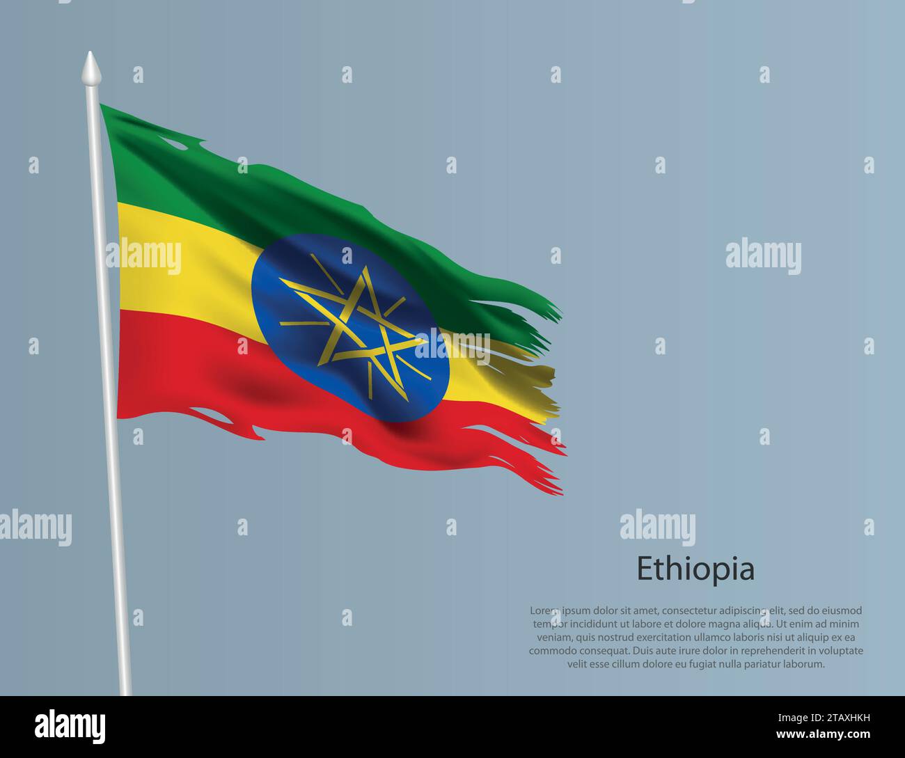 Ragged National Flag Of Ethiopia Wavy Torn Fabric On Blue Background