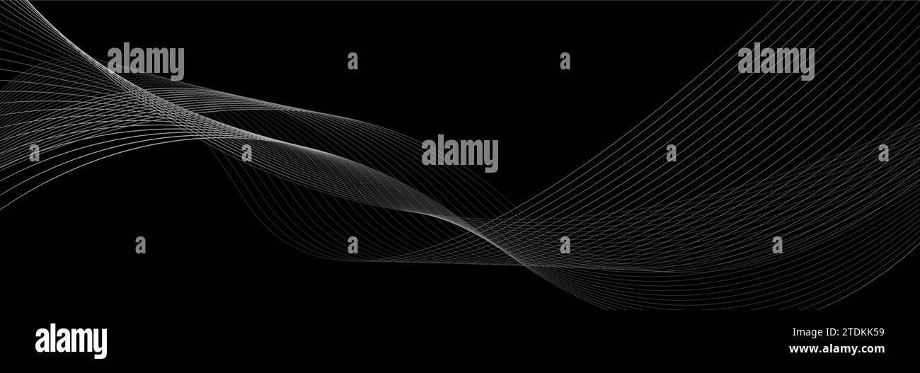 Grey Abstract Curved Wavy Lines On Black Background Vector Banner