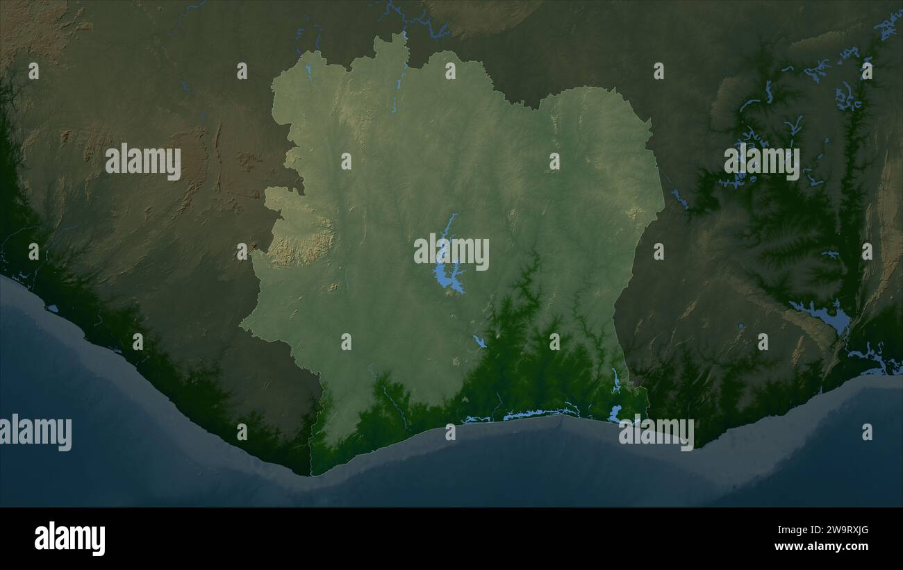 Ivory Coast Highlighted On A Colored Elevation Map With Lakes And