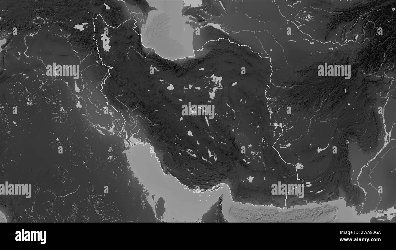 Iran Outlined On A Grayscale Elevation Map With Lakes And Rivers Stock