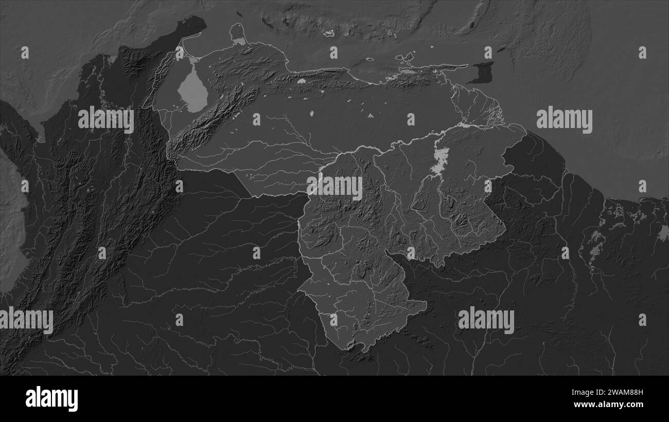 Venezuela Highlighted On A Bilevel Elevation Map With Lakes And Rivers