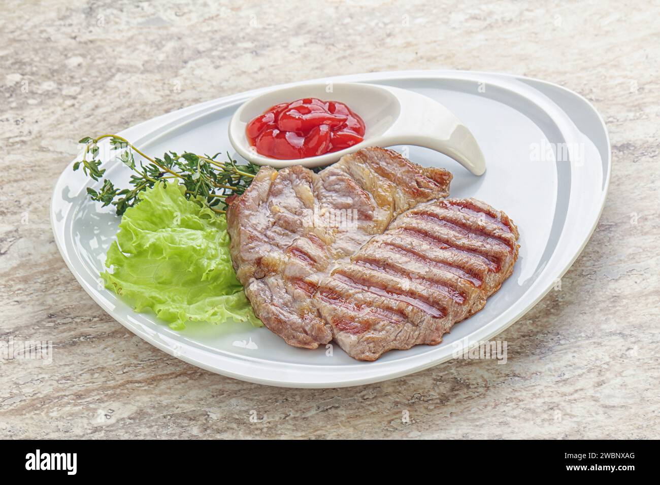 Grilled Pork Neck Steak With Ketchup Served Thyme Stock Photo Alamy