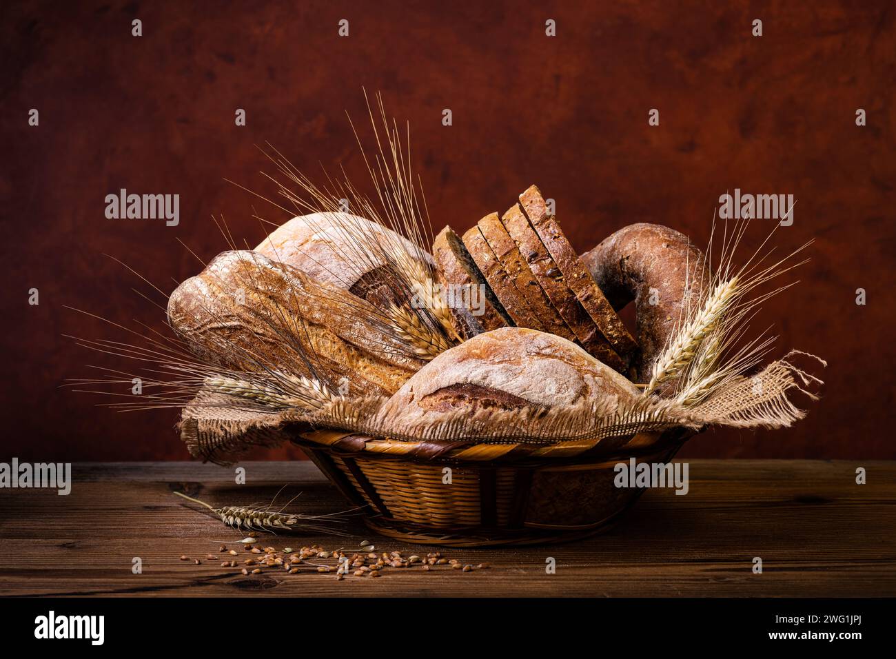 In The Wicker Basket Different Types Of Bread Wholemeal With Seeds And