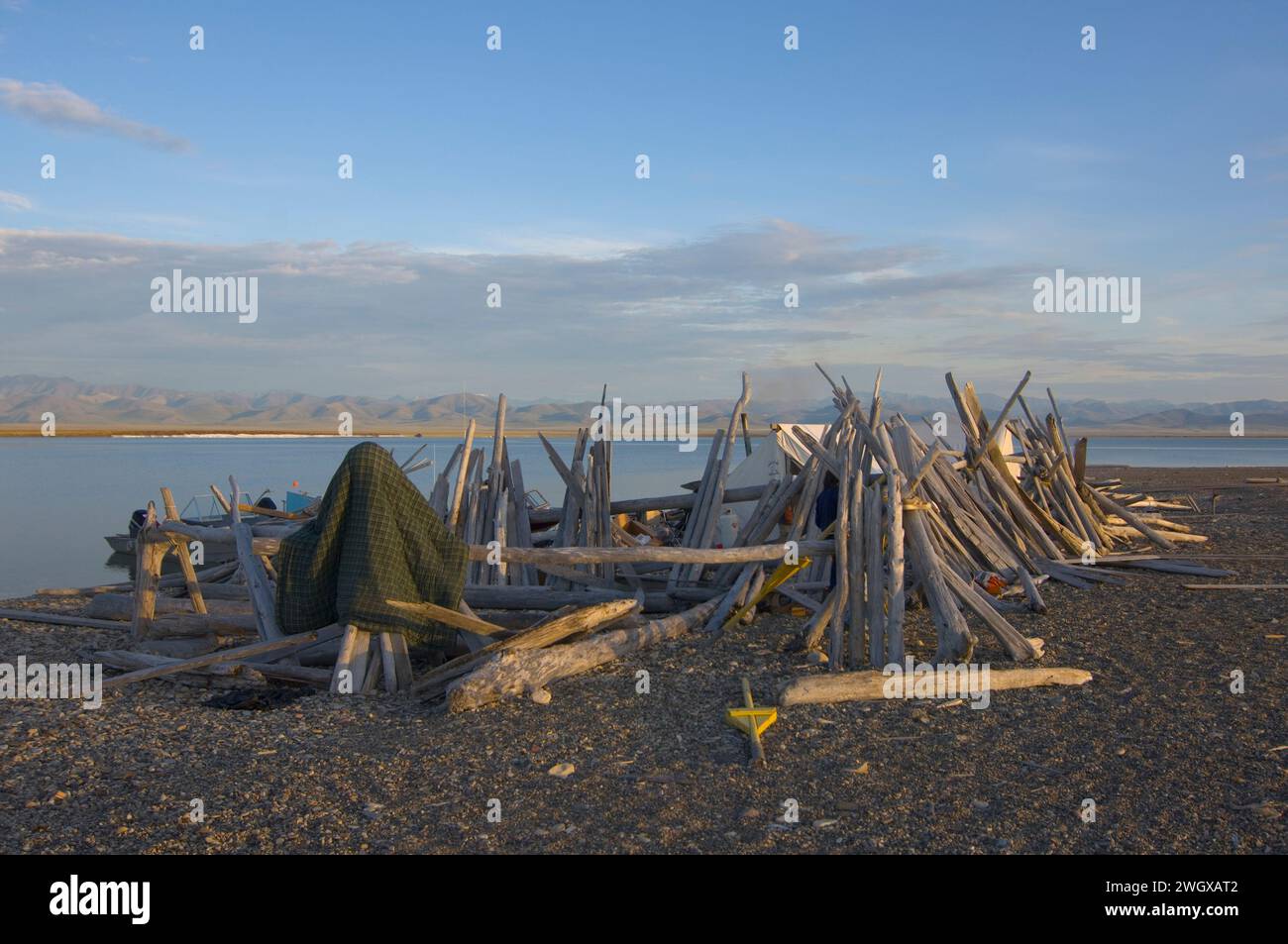 Drying Bearded Seall Meat At Camp On A Sandspit Along Demarcation Bay