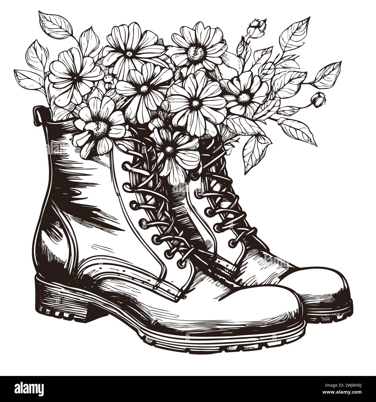 Cowboy Boot With Flowers Isolated On A White Background Sketch Hand