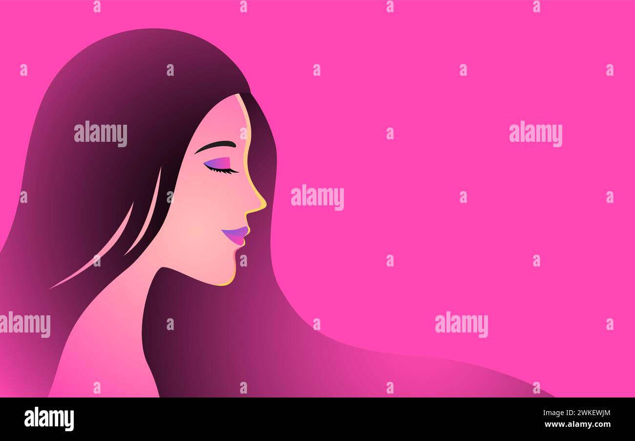 Vector Illustration Of A Beautiful Woman Face With Long Hair On Pink