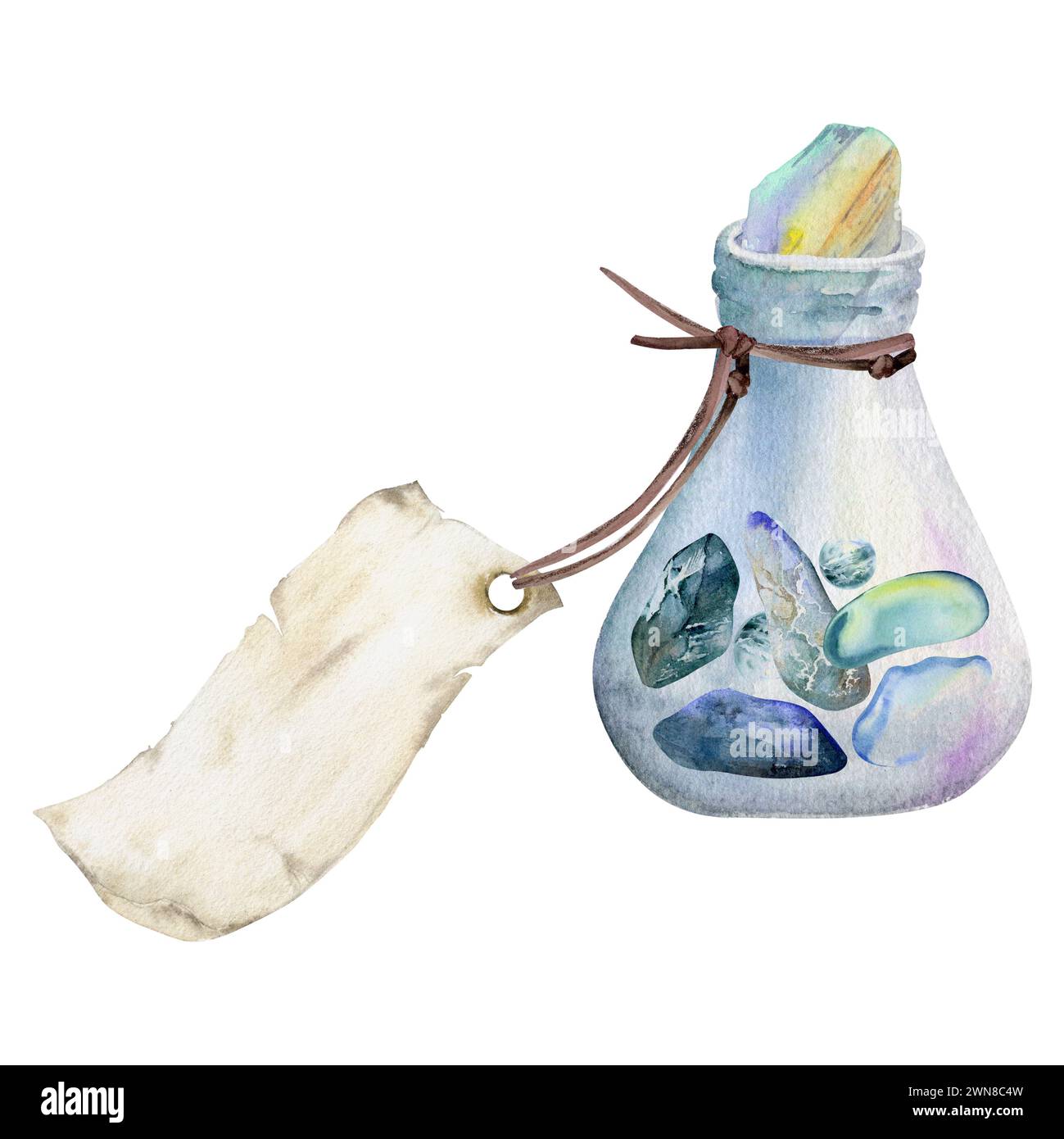 Hand Drawn Watercolor Sea Witch Altar Objects Glass Vial Jar Blank Tag