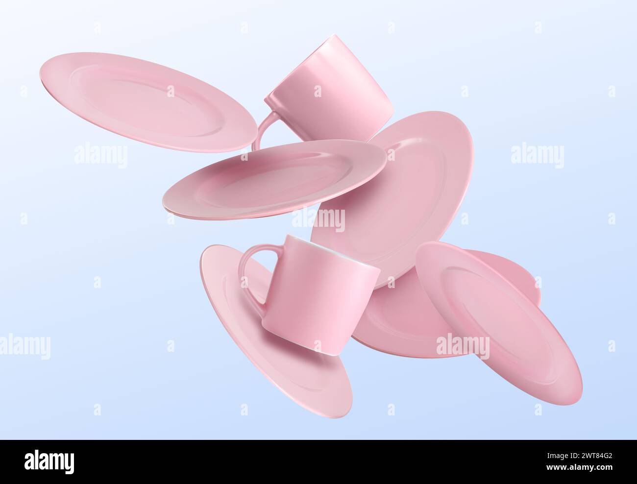 Clean Plates And Cups Falling On Light Blue Background Stock Photo Alamy