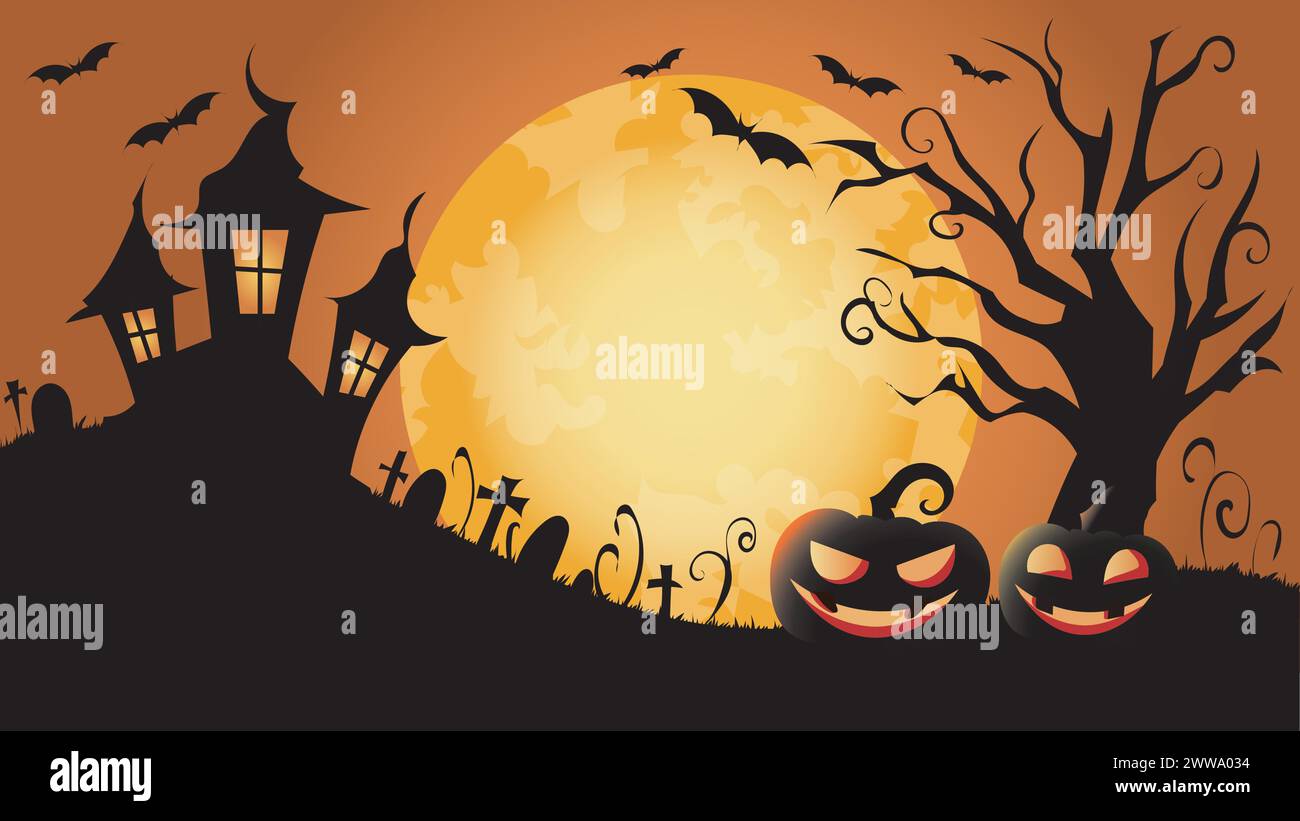 Vector Illustration Of A Halloween Scene With A Haunted Castle Full