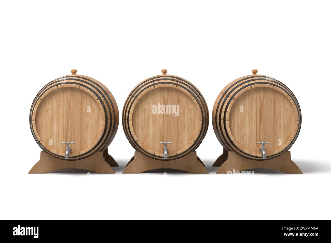 Three Wooden Barrels In A Row On White Stock Photo Alamy