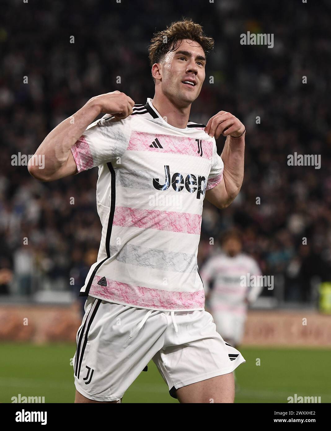 Turin Italy Nd Apr Dusan Vlahovic Of Juventus Celebrates His