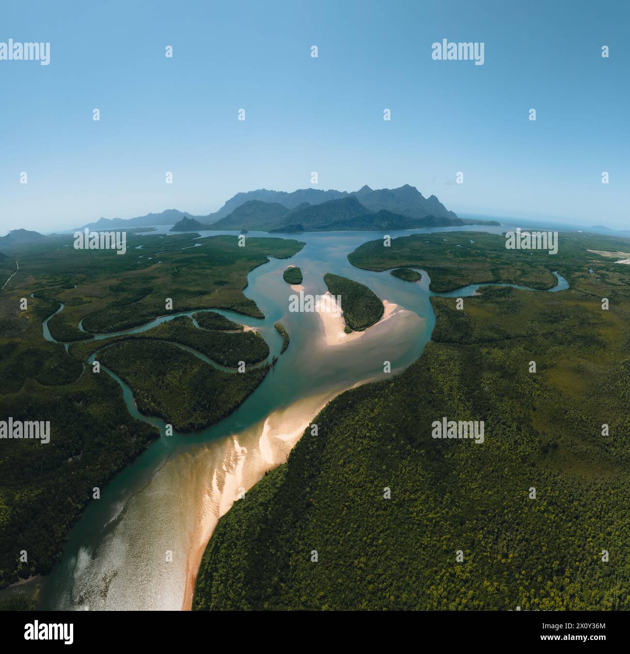 Aerial View Of Mangroves In Hinchinbrook National Park Mountains