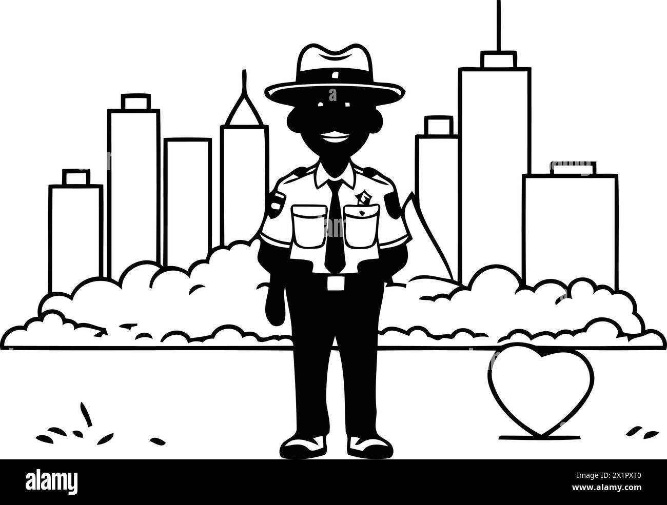 African American Police Officer Standing In The City Park Vector