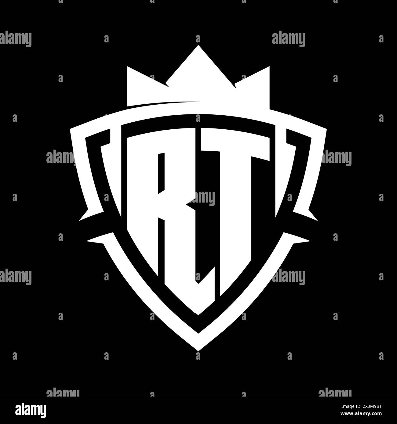 Rt Letter Bold Monogram With Triangle Curve Shield Shape With Crown