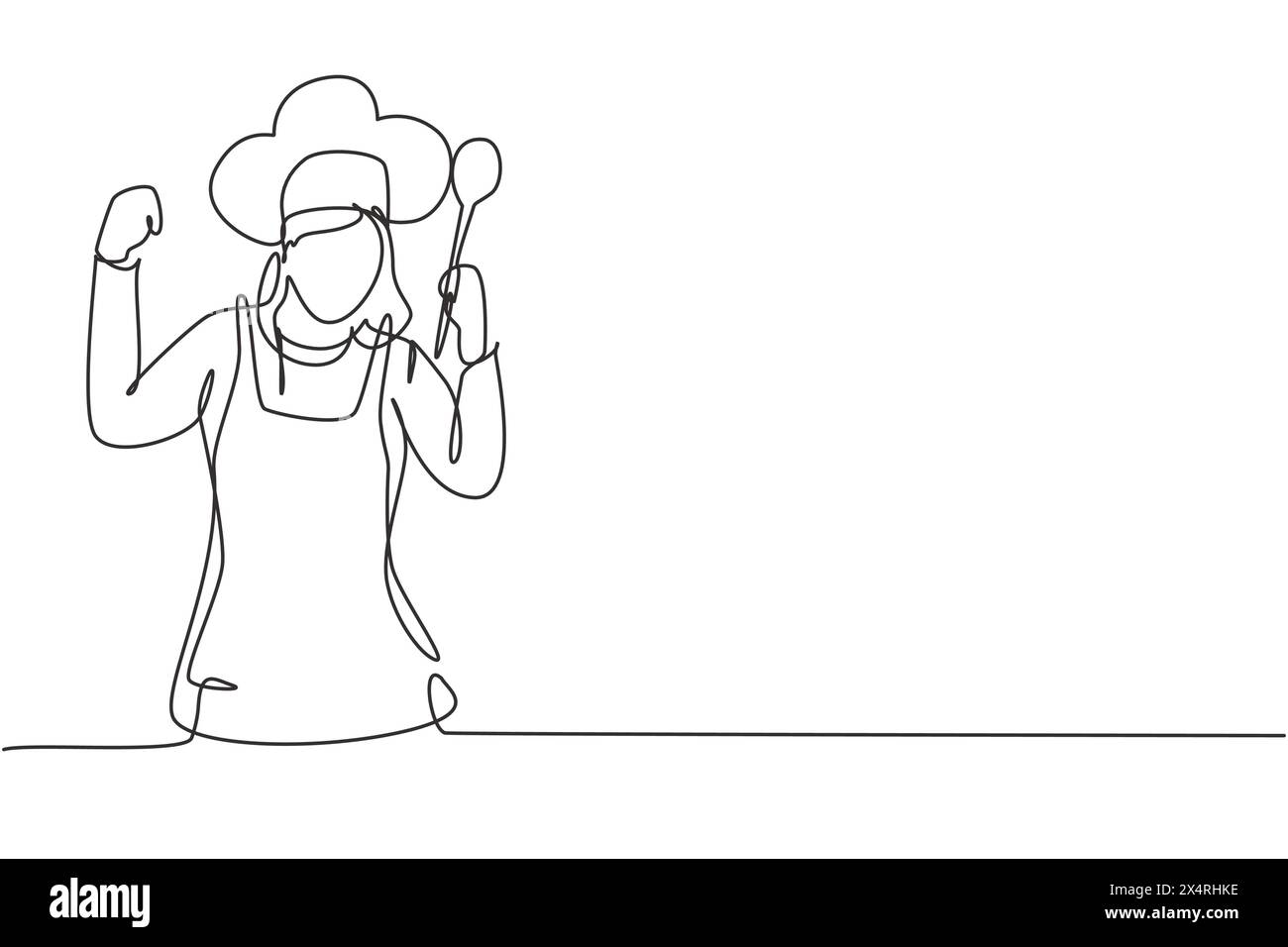 Single One Line Drawing Female Chef With Celebrate Gesture Holding