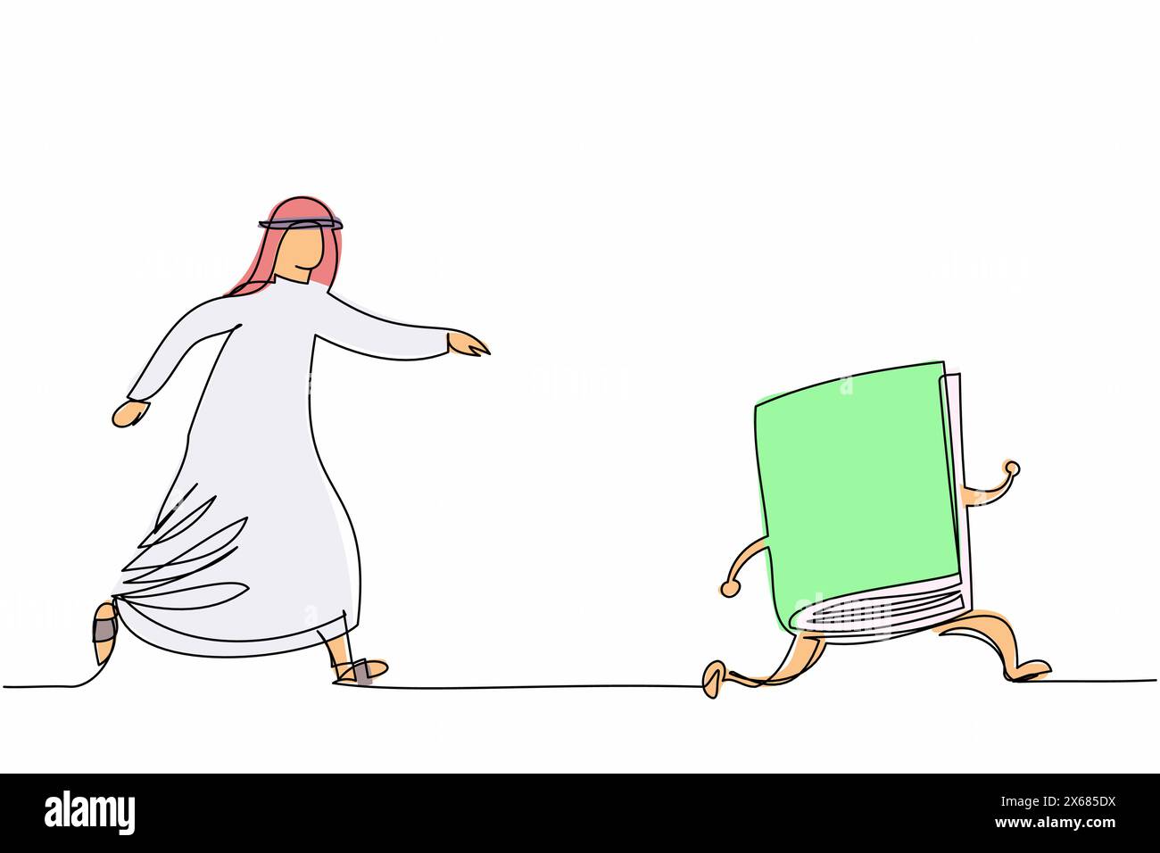 Single Continuous Line Drawing Arab Businessman Chasing Textbook For