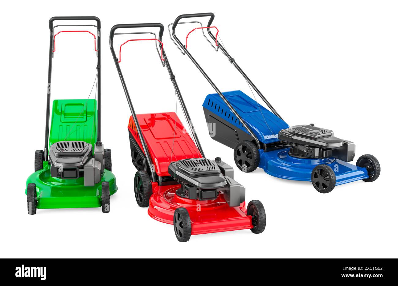 Lawn Mowers Colored 3D Rendering Isolated On White Background Stock