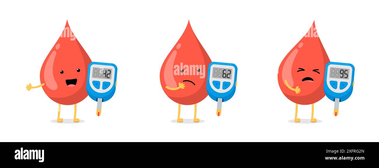 Cute Cartoon Blood Drop Character With Glucometer Set Diabetic Glucose