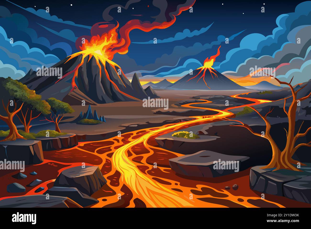 Volcanic River Vector Illustration Volcanic Eruption In Flat Vector