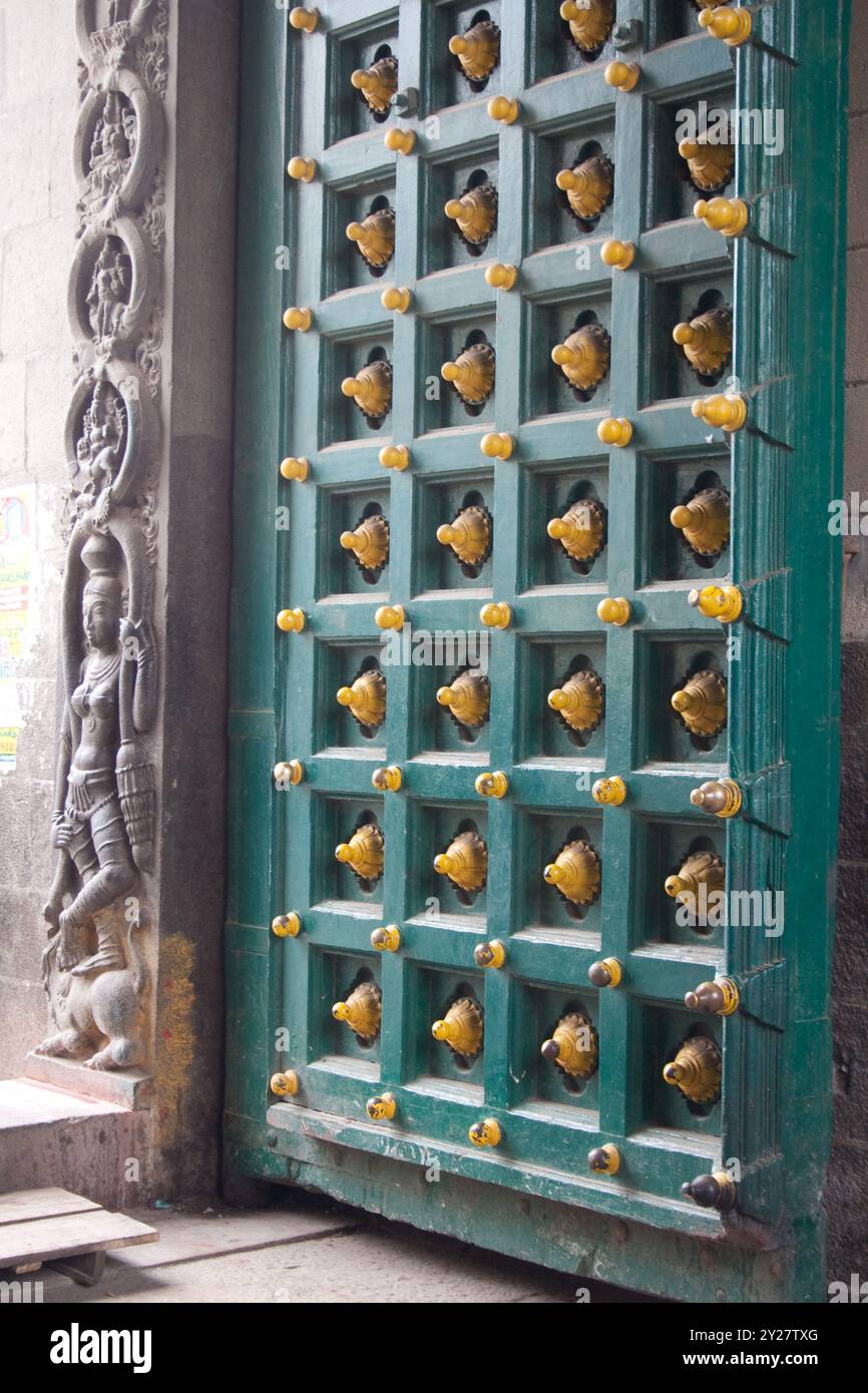 Entrance With Solid Wooden Door Hindu Temple Chennai Tamil Nadu