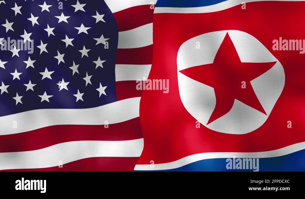 American And North Korean Flags Waving In Wind Donald Trump And Kim