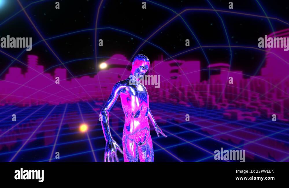 Retro Futuristic Seamless Background Of A Metal Human Figure Grid Laser