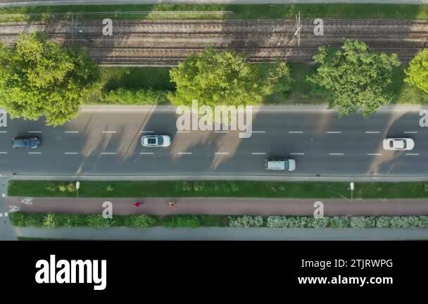 Top View Of The Road With Driving Cars Tram Line On A Multi Lane Road