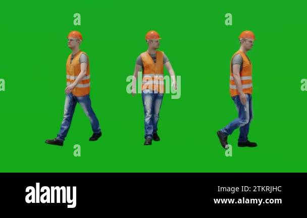 Building Worker Work Clothes Walking At Three Different Angles Green