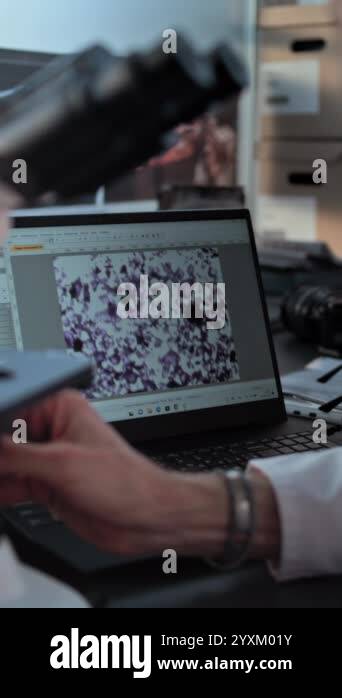 Mature Microbiologist Looks At Microorganisms Displayed On Laptop