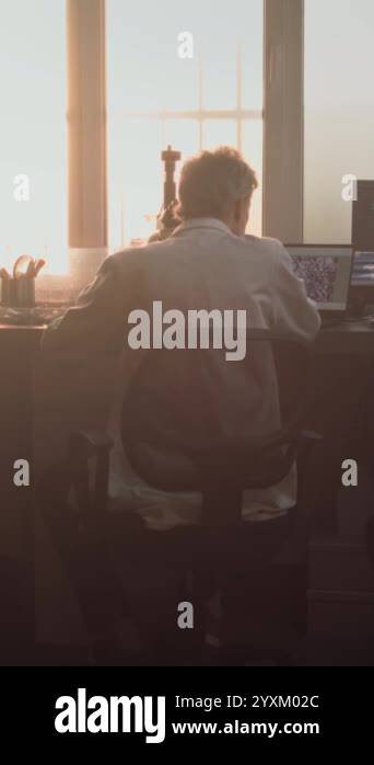 Mature Microbiologist Conducts Fossil Analysis Using Microscope And