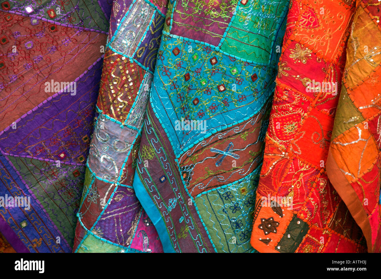 Brightly coloured Indian cloth for sale in Camden Market in London