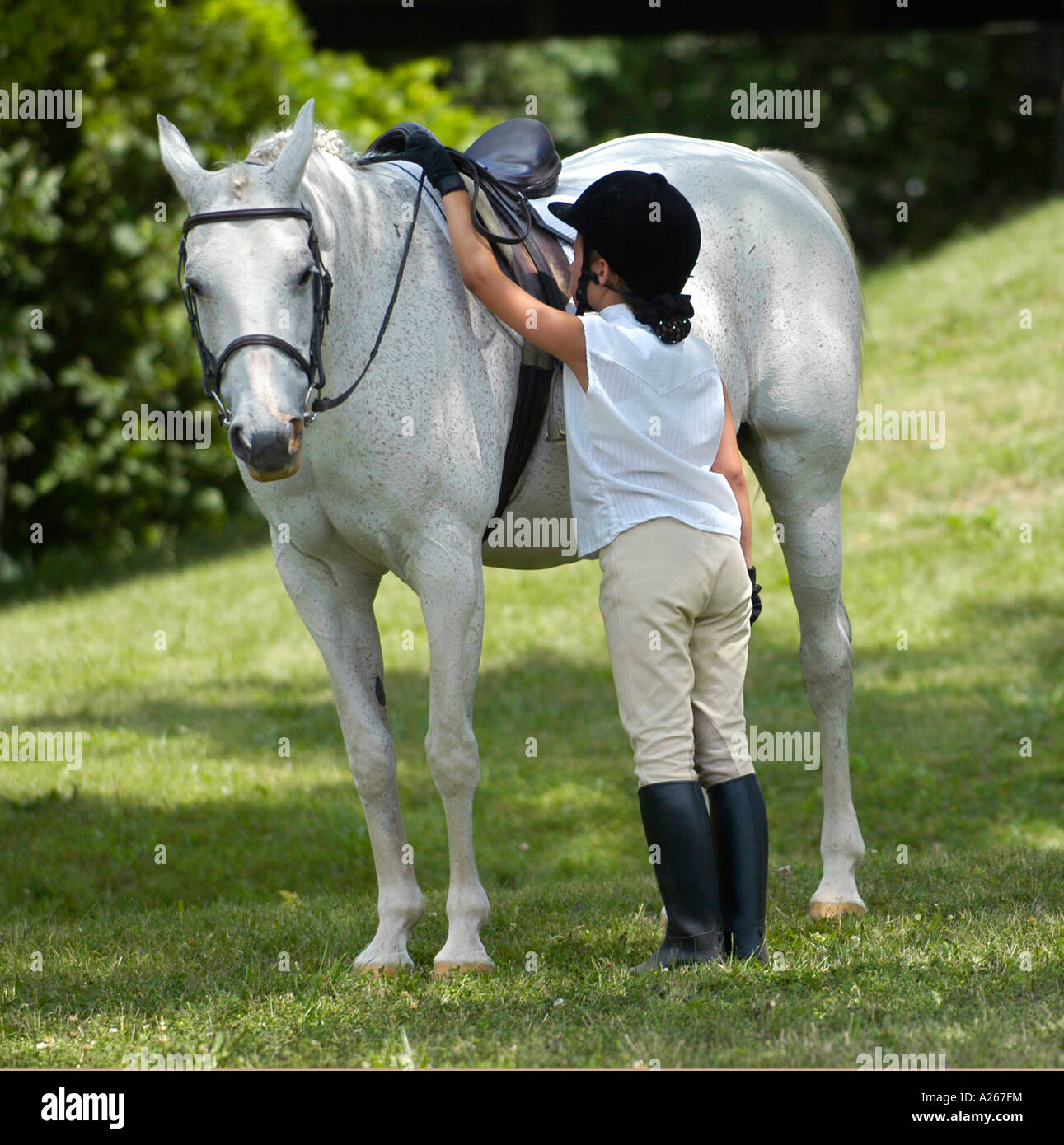 Ten year old girl preparing to ride a horse in an equestrian event