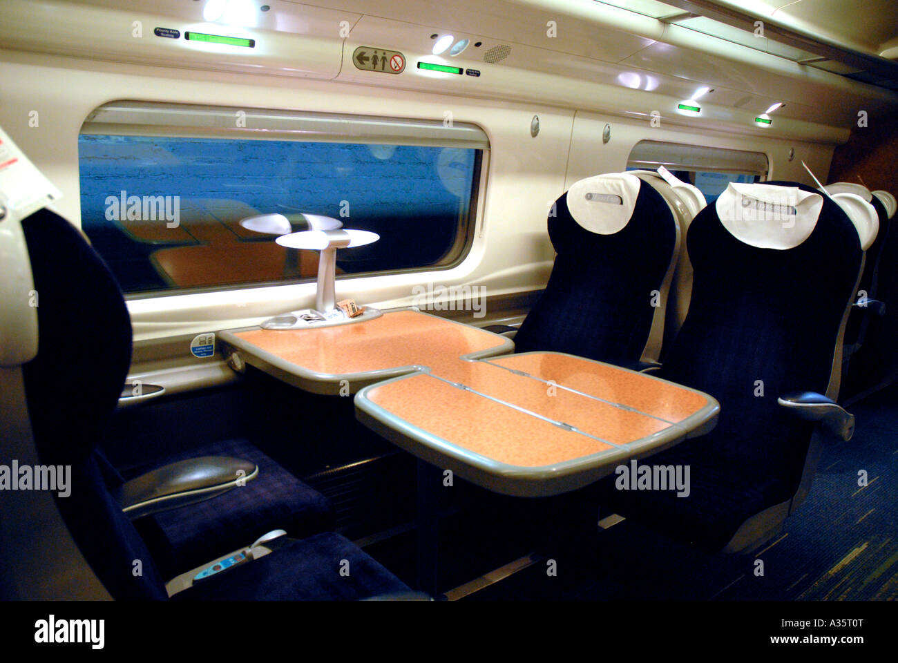 Interior of a First Class carriage on a Virgin Pendolino Train from