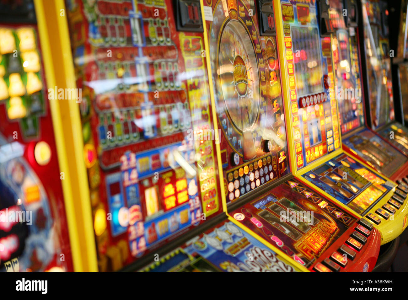 Fruit Machines In Seafront Arcade, Lyme Regis, Uk Stock Photo, Royalty