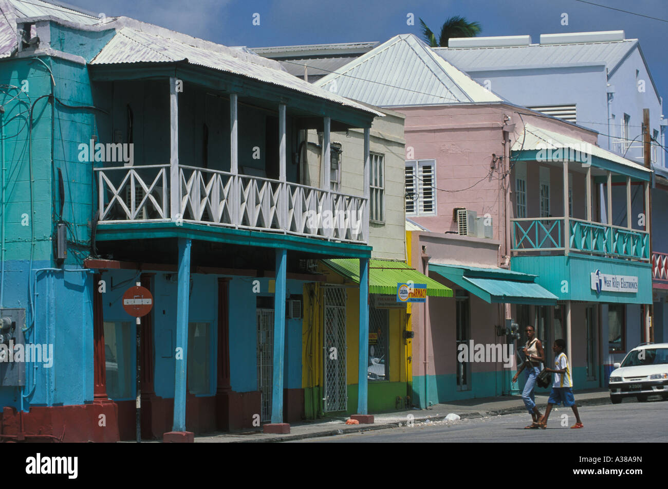 Pastel Coloured Buildings In Traditional Caribbean Style Line Bay Street Downtown Bridgetown Capital Of Barbados Pastel Coloured Buildings In Traditional Caribbean Style Line Bay Street Downtown Bridgetown Capital Of Barbados
