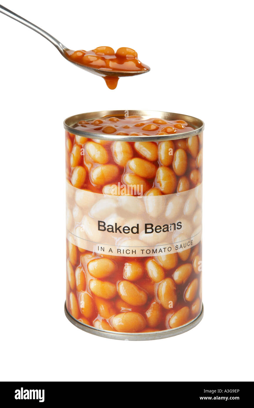 TIN OF BAKED BEANS ON WHITE BACKGROUND WITH OPEN LID AND SPOON FULL Stock Photo, Royalty Free