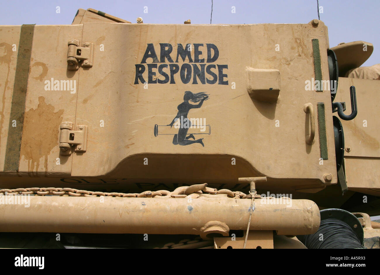 graffiti on a us army tank on the outskirts of baghdad Stock Photo