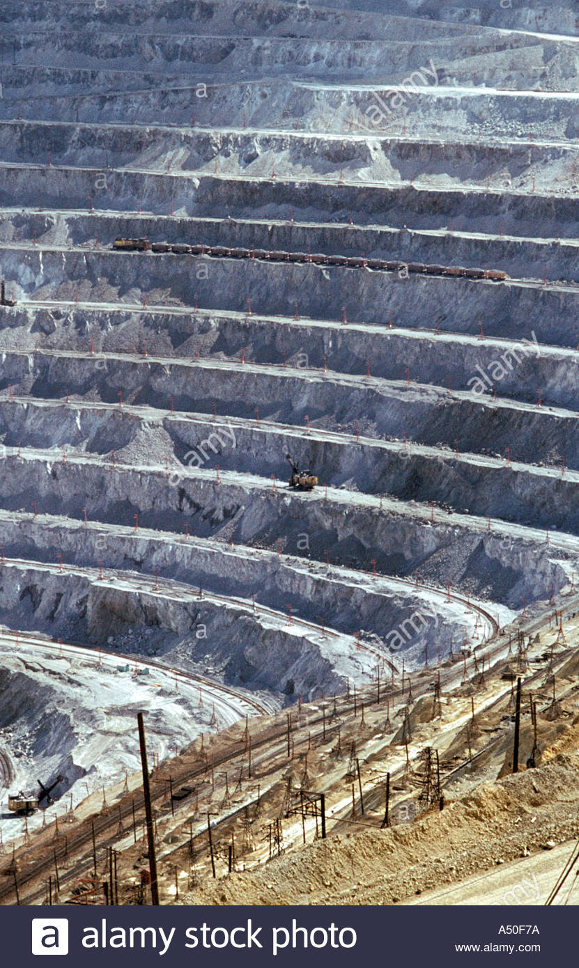 copper mine mining industry pit terrace depth huge tracks train scoop