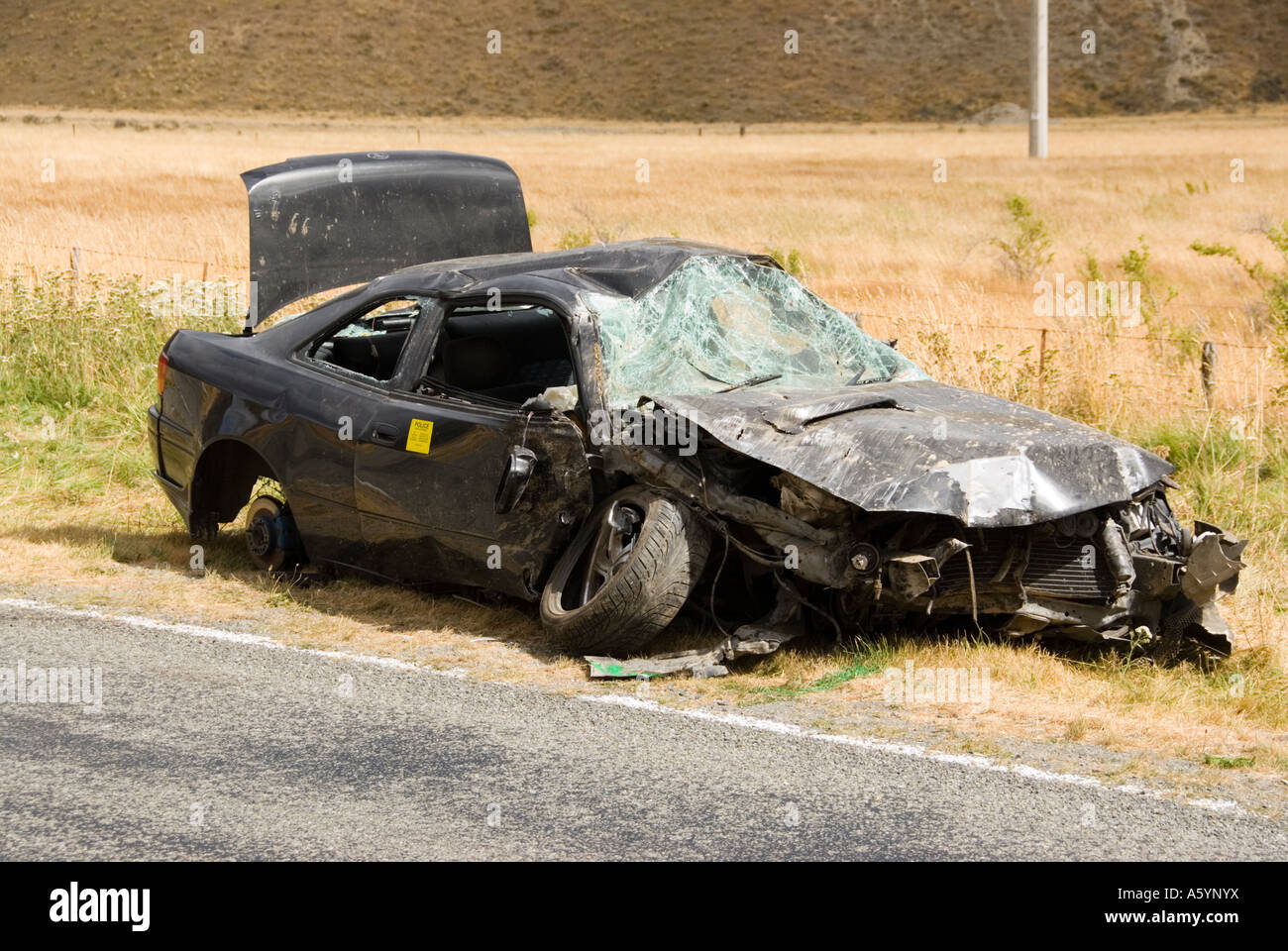 Crashed Car By Side Of Road Stock Photo Alamy