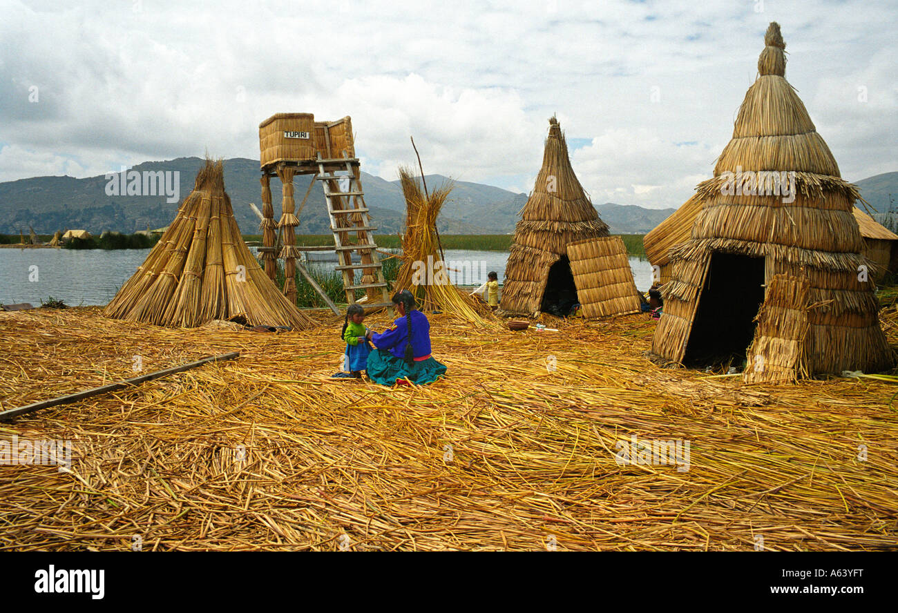 Reed Houses on the uros islands, lake titicaca, Peru, South America