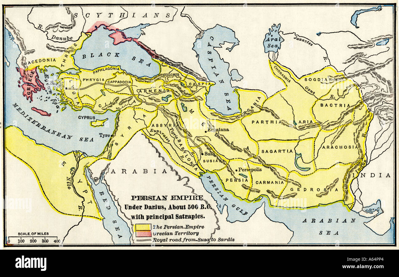 Map of the Persian Empire under Darius I about 500 BC with principal