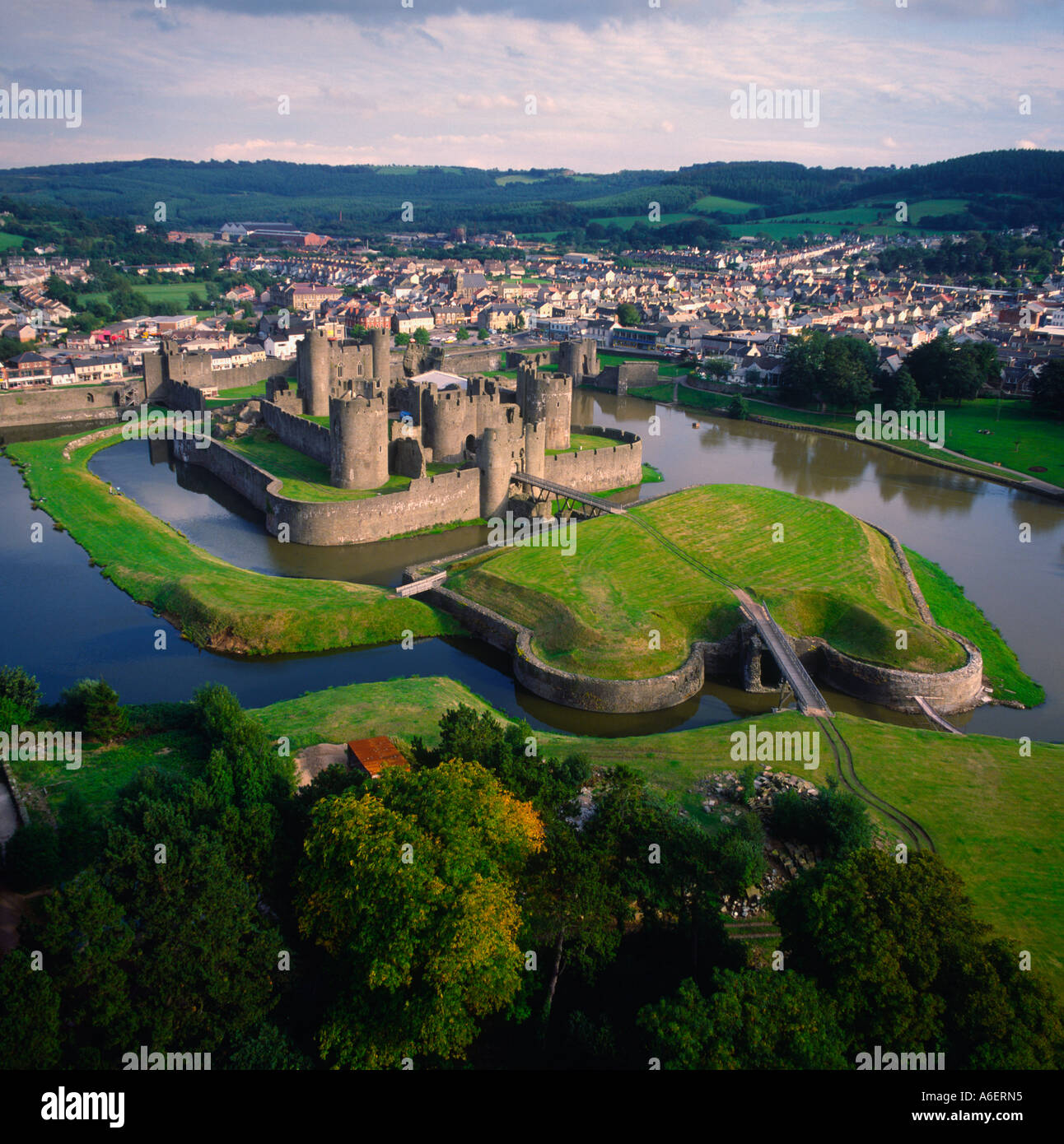 Caerphilly Castle Wales aerial view Stock Photo, Royalty Free Image