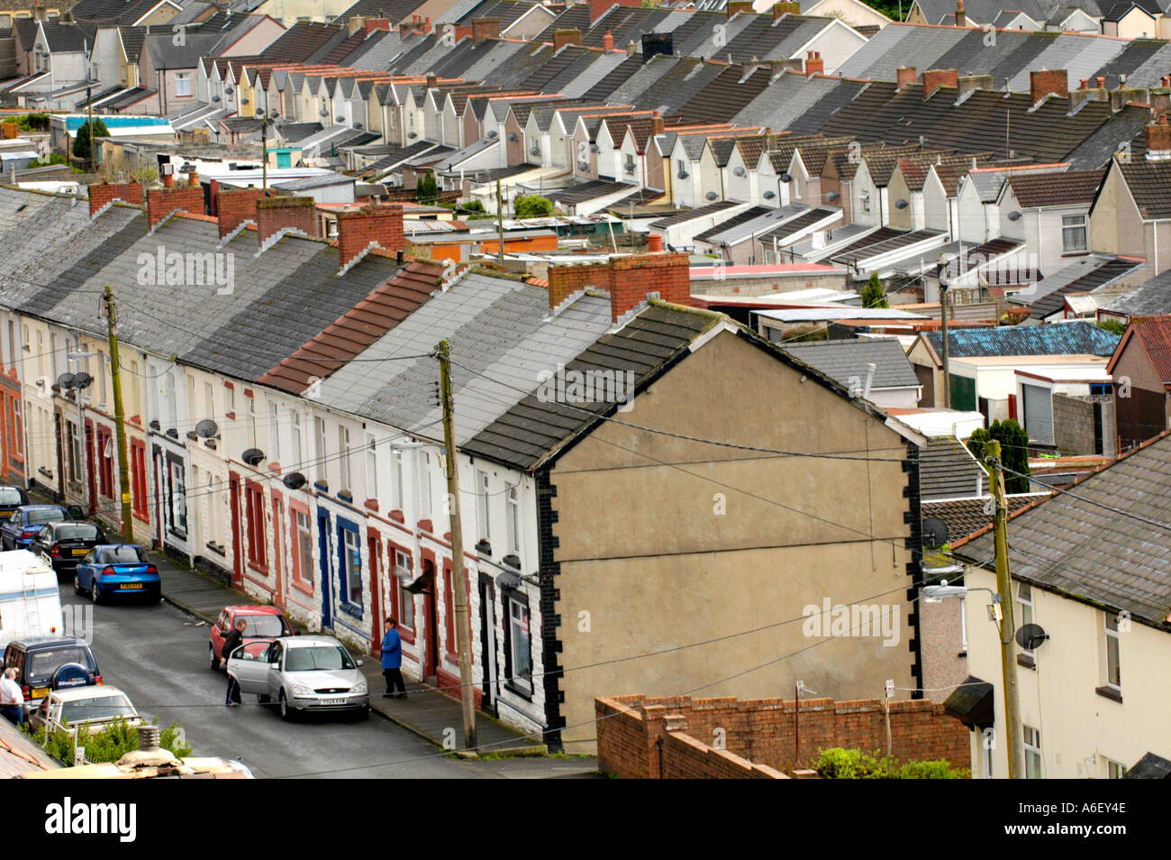 View of terraced houses in village of Cwm near Ebbw Vale, Blaenau Stock