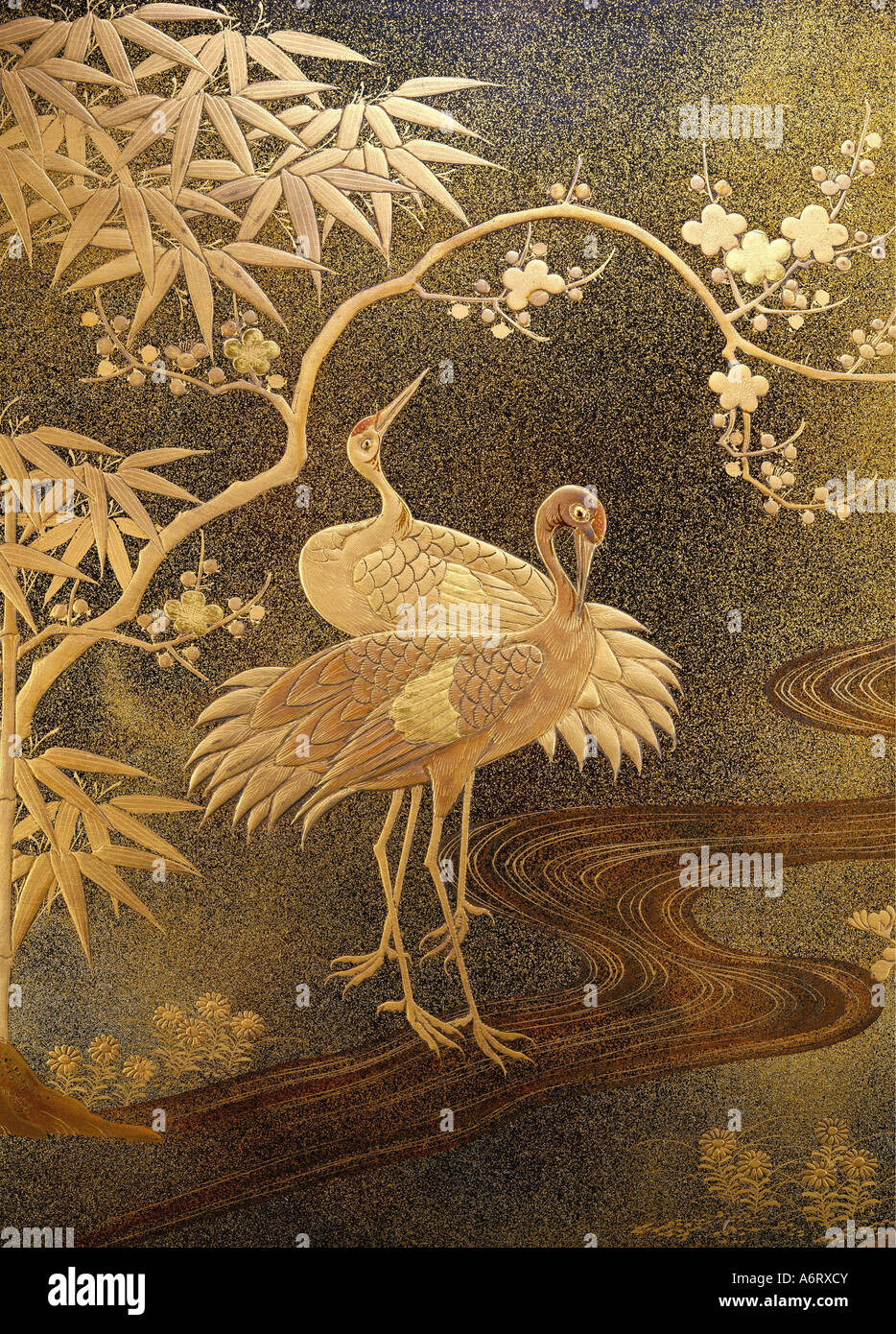 fine arts, Japan, lacquer work, gold lacquer and gold dust, cranes at Stock Photo, Royalty Free