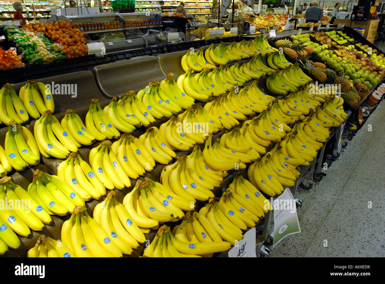 Bananas on display in a supermarket grocery store Stock Photo, Royalty