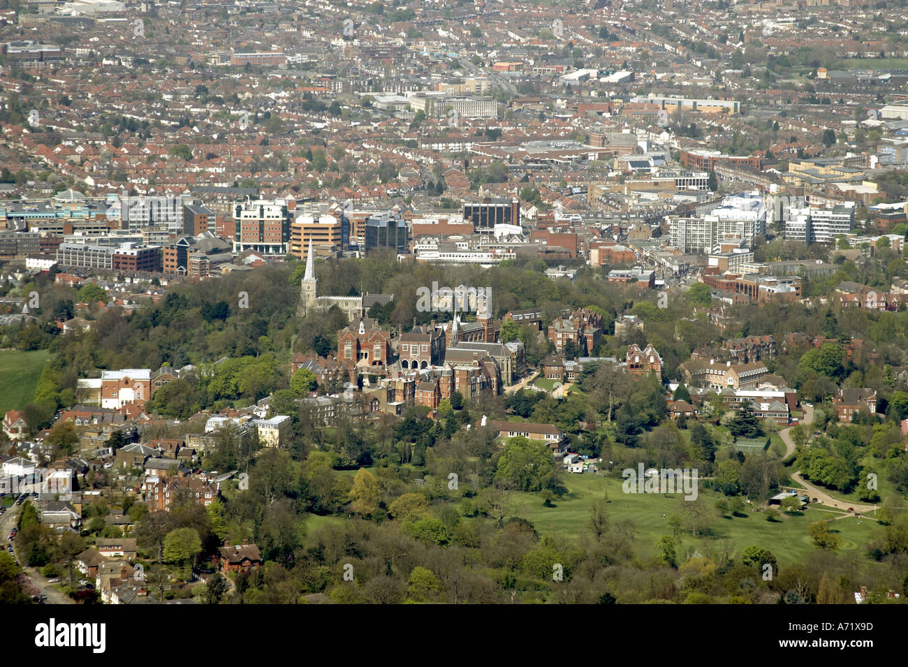 Aerial high level oblique view north of Harrow on the Hill and Harrow