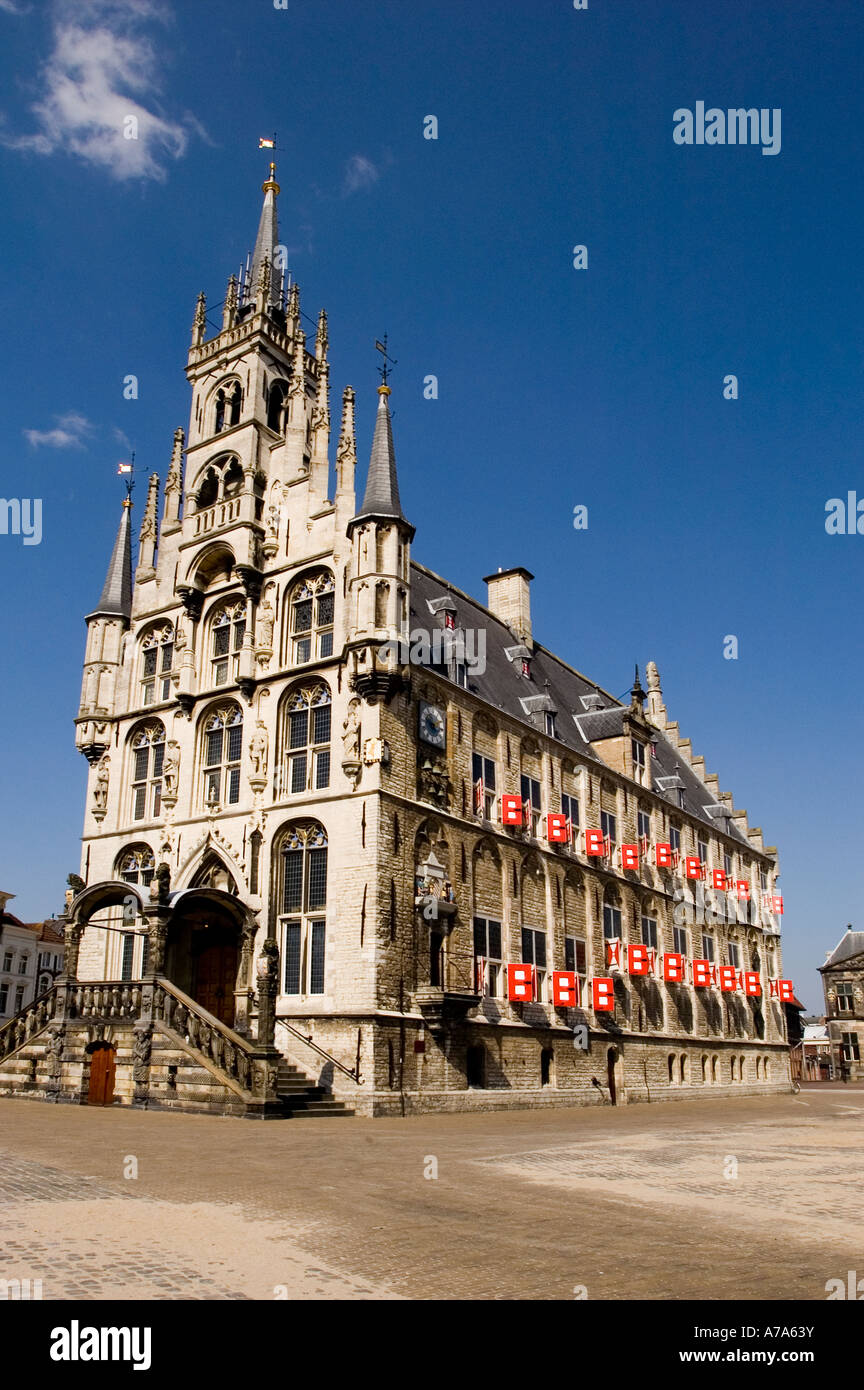 Gouda Stadhuis Or Town Hall Heritage Building On Grote Markt With Blue