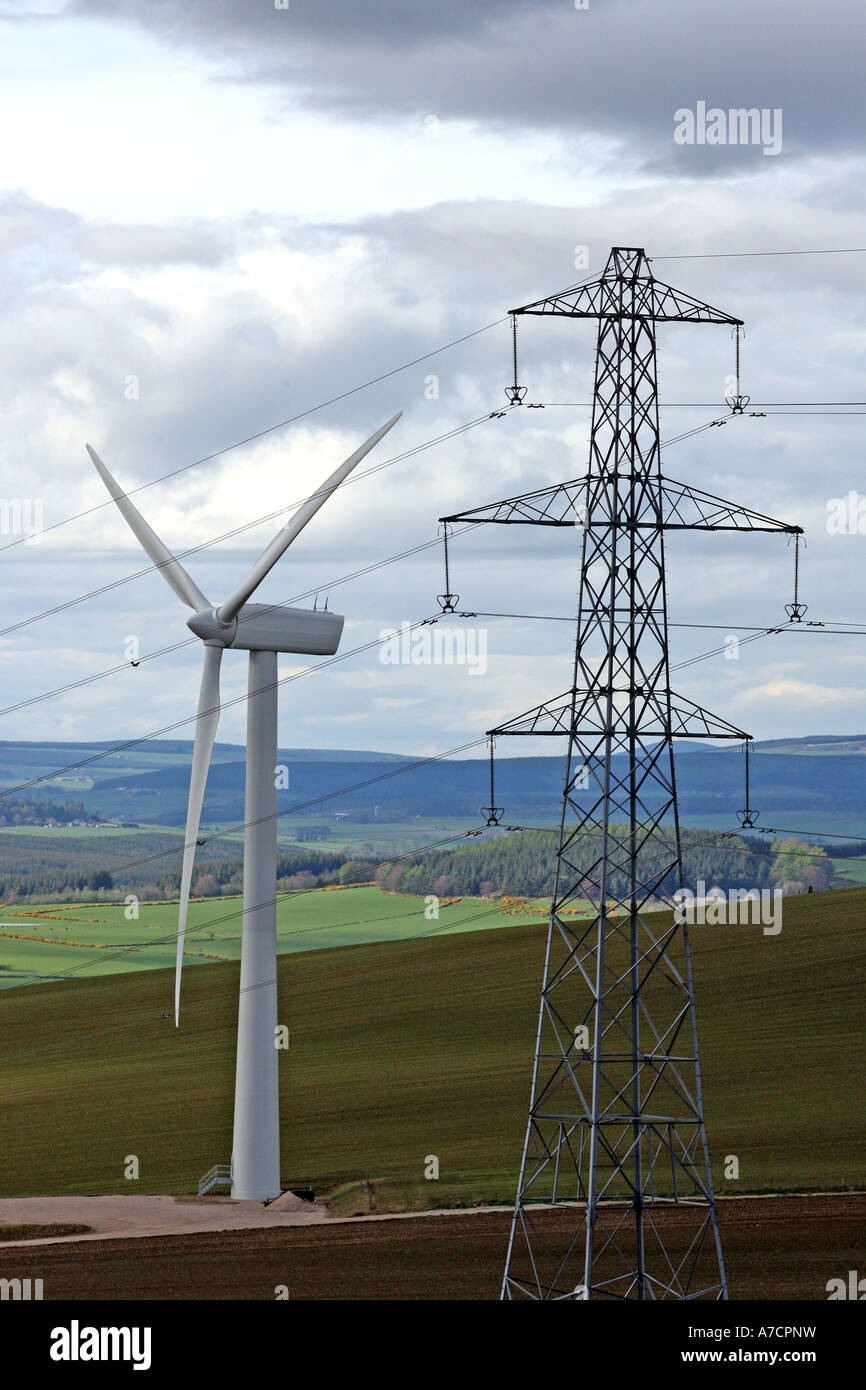 wind turbines beside electricity pylon aberdeenshire 