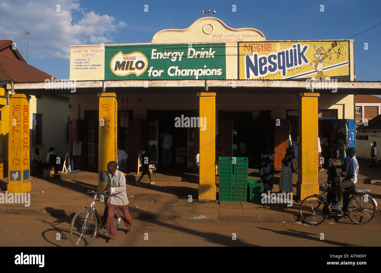 Asian shops and colonial buildings line the main street Jinja Uganda
