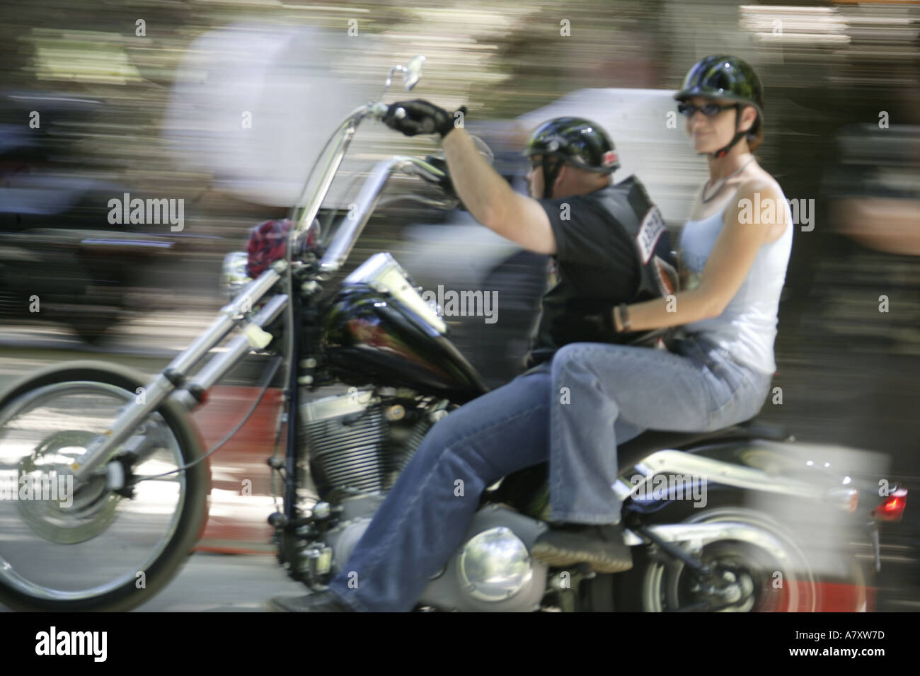 COUPLE RIDING HARLEY DAVIDSON MOTORCYCLE,CALIFORNIA,USA Stock Photo